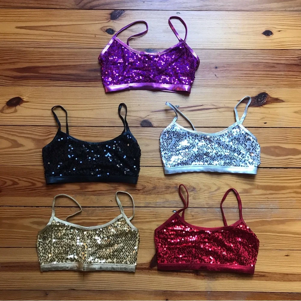 Double Platinum Performance Wear Sequin Gold Silver Red Black Purple Bra NWOT YL - Picture 1 of 8